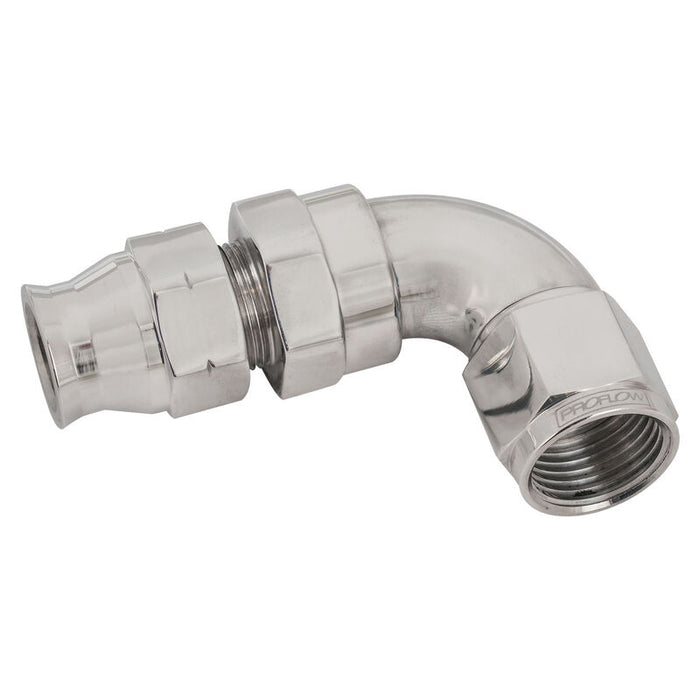 Proflow Full Flow 5/16in. Tube To Female -06AN Hose End, 90 Degree, Tube Adaptor, Polished