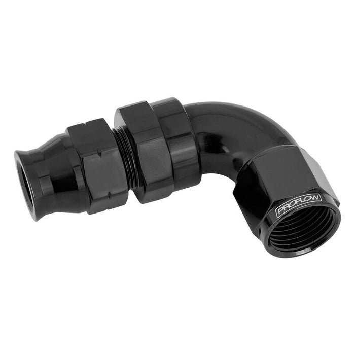 Proflow Full Flow 3/8in. Tube To Female -06AN Hose End, 90 Degree, Tube Adaptor, Black