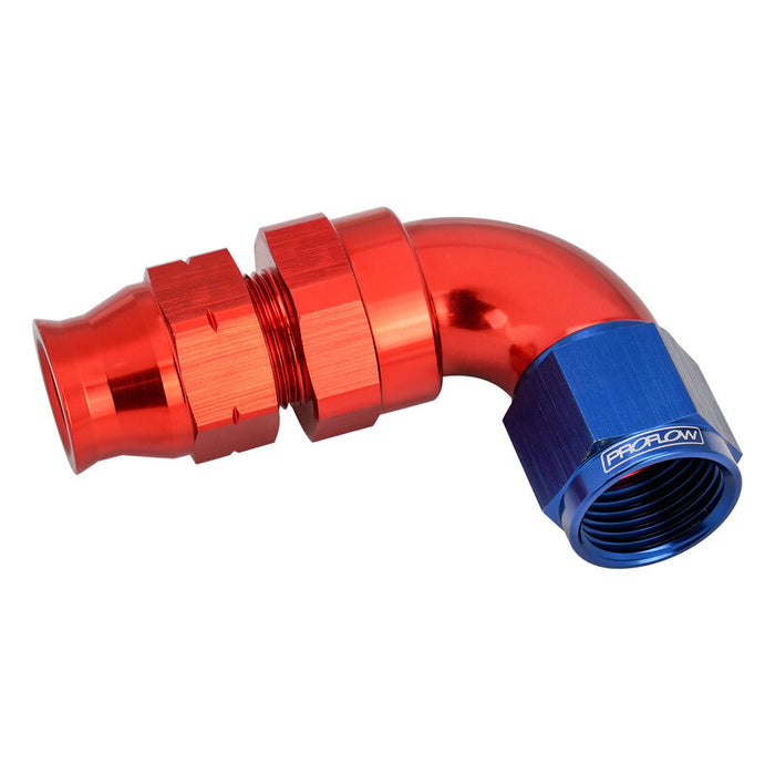 Proflow Full Flow 1/2in. Tube To Female -08AN Hose End, 90 Degree, Tube Adaptor, Blue/Red