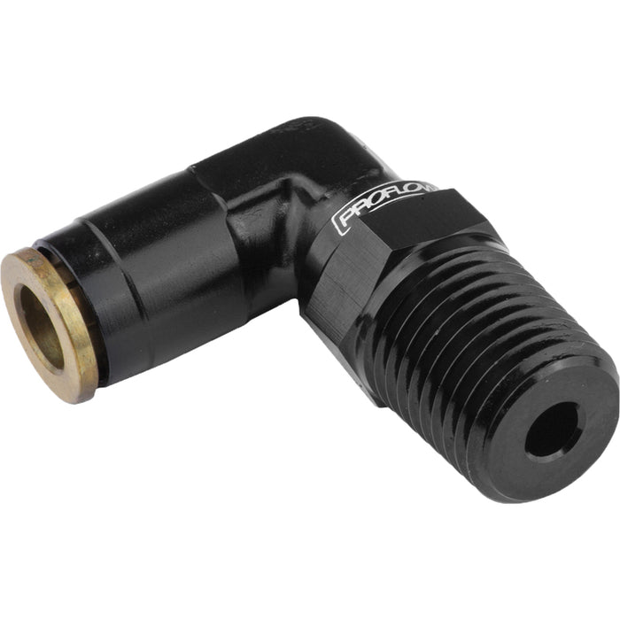 Proflow Fitting, Push To Connect Nylon Tube 90 Degree 1/4in. Nylon Tube To 1/4in. NPT, Black