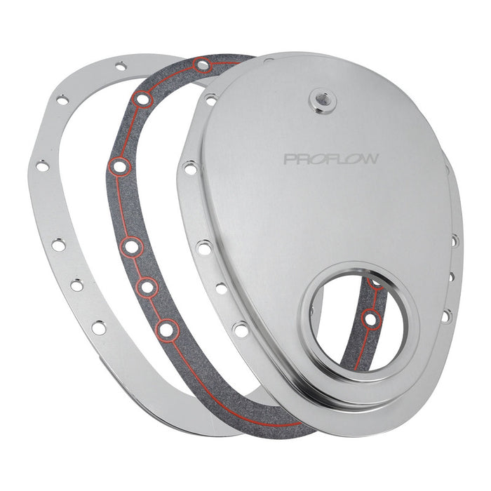 Proflow Timing Cover, 2-piece, Billet Aluminium, Silver Anodised, Silicone Bead Gasket, SB For Chevrolet V8 Small Block, Kit,