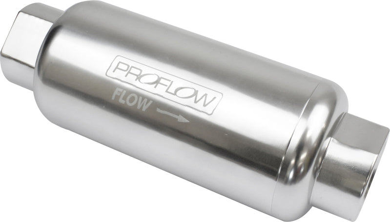 Proflow Fuel Filter, Inline Mount, Billet Aluminium, Silver Anodised, 40 Microns, 88mm Total Length -8 AN Inlet/Outlet, Each