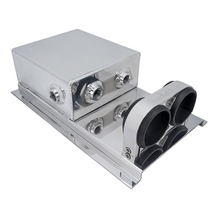 Proflow Fuel Surge Tank Fabricated Aluminium, Square Slim, 044 Pump Mounts, 80mm x, 200mm x 180mm, 2.5L, AN Fitting Kit, Polished