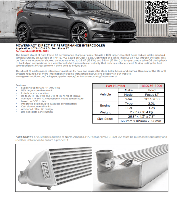 880736-6001 Upgrade Intercooler Ford Focus ST 2.0L (2013 – 2018) (CALL BEFORE ORDER)