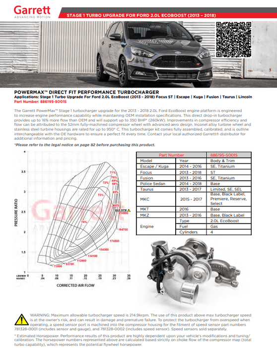881695-5001S Garrett Powermax Direct Fit Performance Turbocharger 2013 – 2018 Ford 2.0L EcoBoost Stage 1 Upgrade