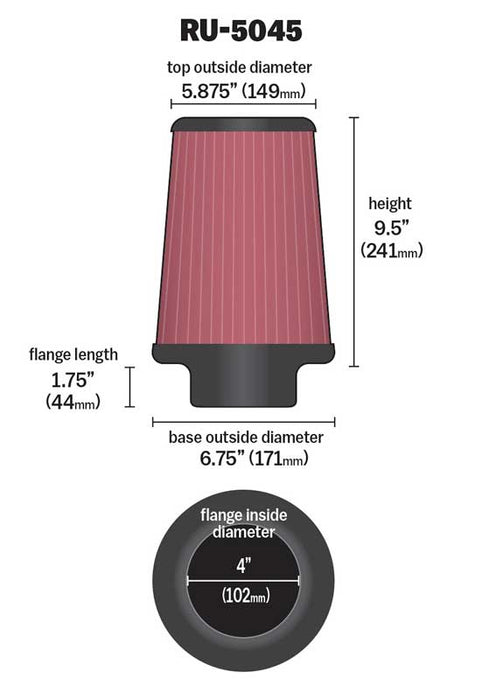 RU-5045 K&N Universal Clamp-On Air Filter - 4"FLG, 6-3/4"B, 5-7/8"T, 9-1/2"H
