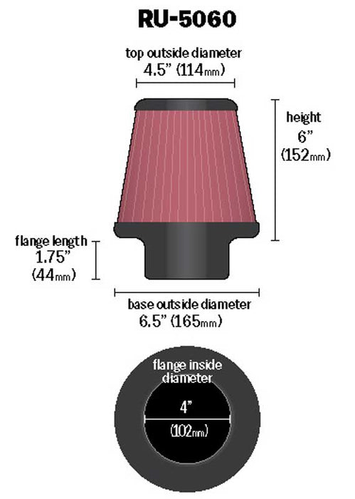 RU-5060 K&N Universal Clamp-On Air Filter - 4"FLG, 6-1/2"B, 4-1/2"T, 6"H