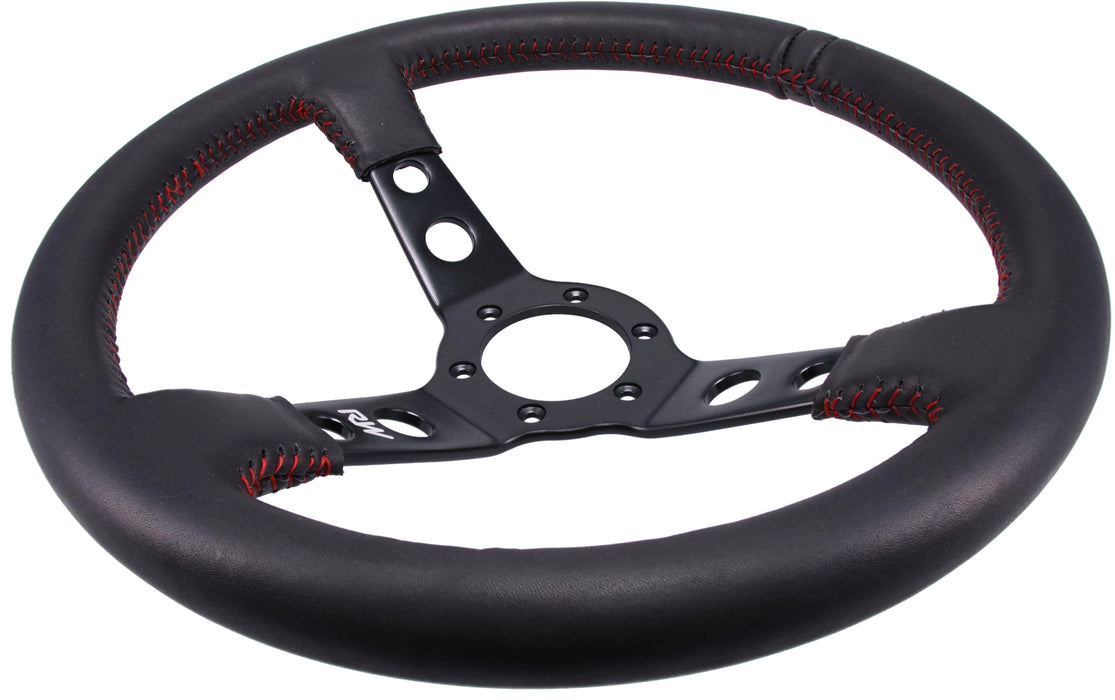 350mm Leather Steering Wheel Dished With Red Stitching