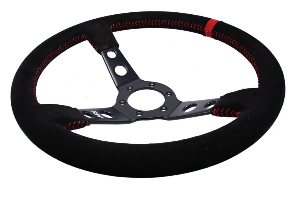 350mm Suede Steering Wheel Dished With Red Stitching