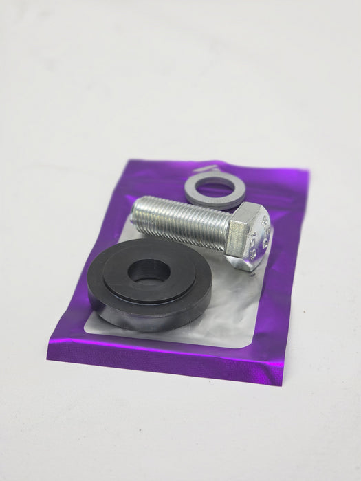 silver bolt with block washer and nordlock washer on purple packaging with white background