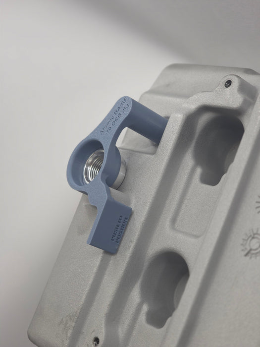 close up of weld on orb with 3d printed fitting jig on engine rocker cover with white background