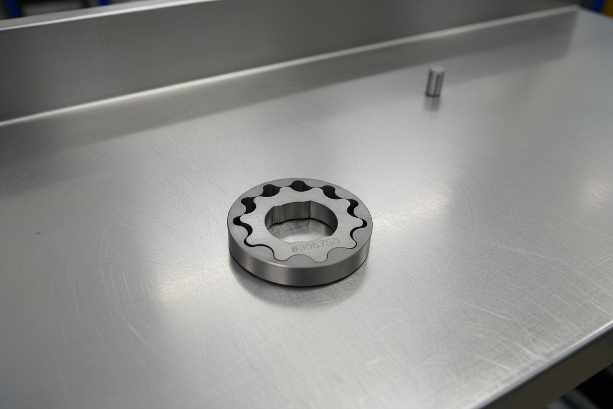 steel oil pump gears on a steel background