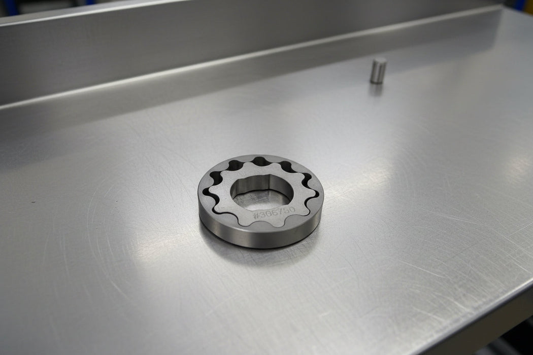 steel oil pump gears on a steel background