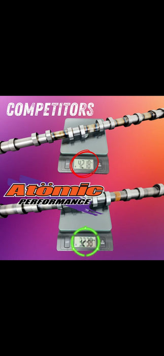 comparison of weight in kilograms between atomic camshafts and competitors camshafts on a purple and orange gradient background
